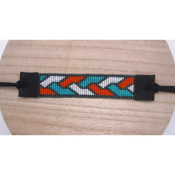Loom Beaded Bracelet Orange, White & Teal w/ Vegan Leather - Picture 2 of 4
